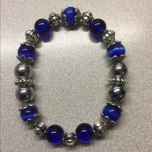 Safire Blue Glass, Cat Eye & Silver Bracelet